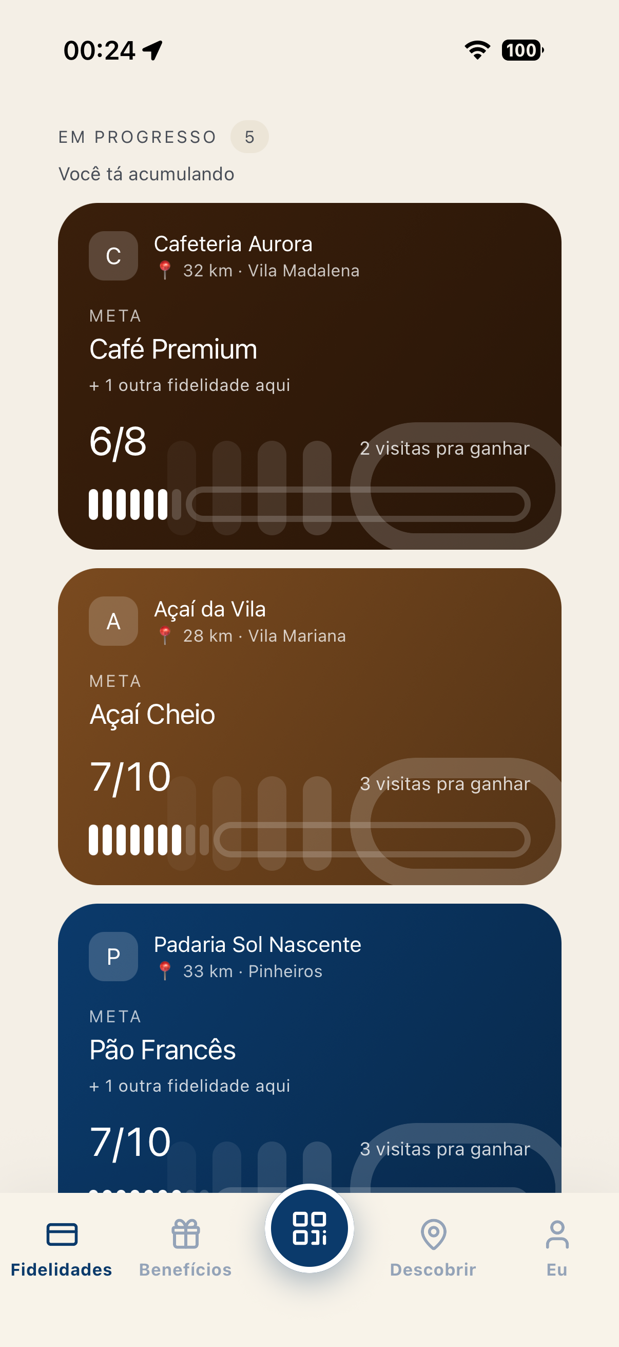 Tela de fidelidades em progresso no app Raclavi